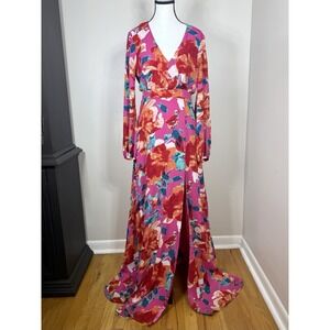 Lulus Carolita Womens Maxi Dress Size S Pink Floral Long Sleeve Side Slit Lined